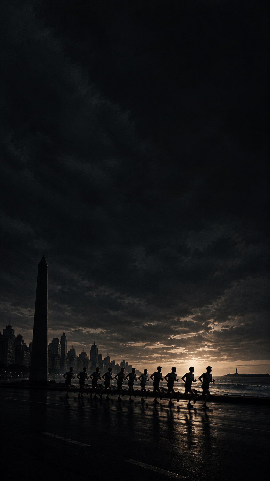 Siluetas de corredores en fila al amanecer